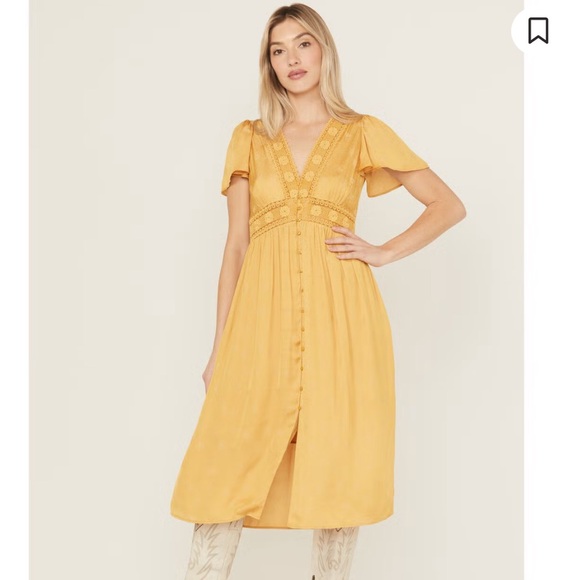 Beyond The Radar Dresses & Skirts - Yellow Button-Front Midi Dress with Lace Trim